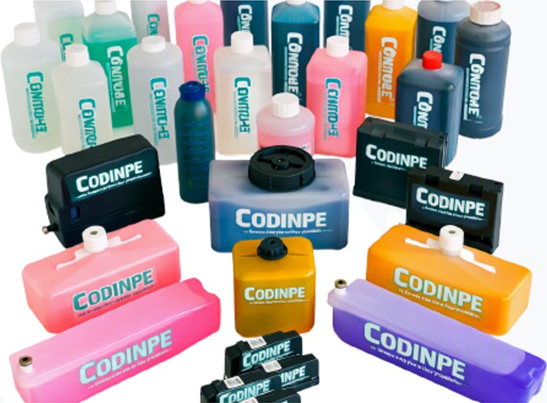Tintas, solventes y makeup CODINPE en botellas y cartuchos para inyección de tinta continua